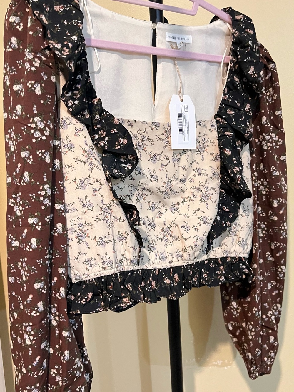 Free the Roses Two-Tone Floral Ruffle Crop Top in Cream & Brown